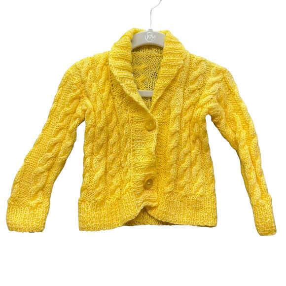 Hand-Knit Child Buttoned Cardigan Braided Cable Sweater-Unisex‎ Solid Yellow - Picture 1 of 8